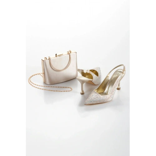 Kadın Altın Damla Taşlarla Bezenmiş 8 cm İnce Galvaniz Topuklu Rahat Stiletto ve Çanta Kombini