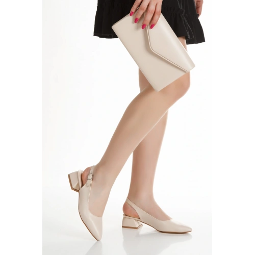 Kadın Bej Arkası Açık Kısa Kalın Topuklu ve Rahat Stiletto ve Çanta Kombini