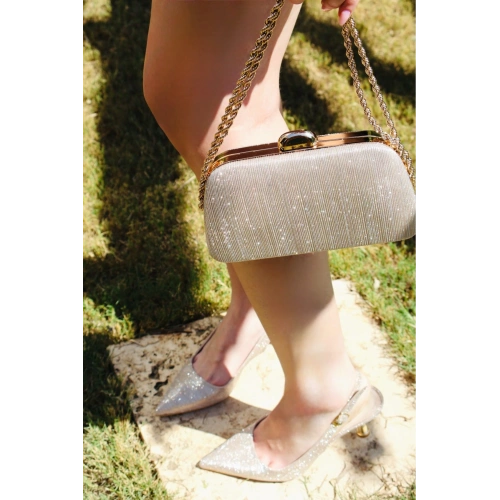 Kadın Altın 5 cm İnce Galvaniz Topuklu Rahat Stiletto ve Çanta Kombini