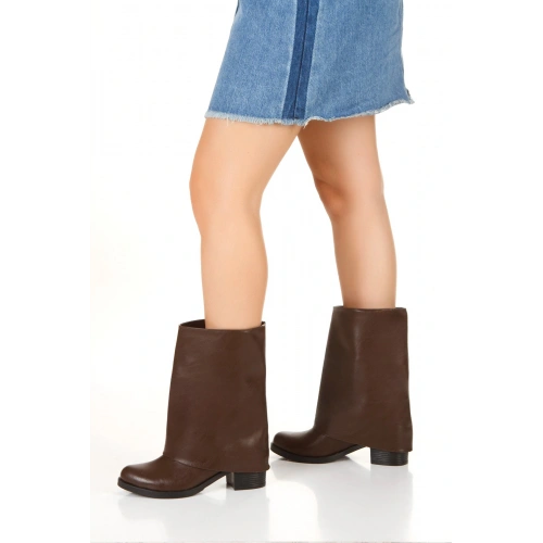 Kadın Kahverengi Suni Deri Cilt Yeni Tarz Silindir Paça Kalın Tabanlı Rahat ve Şık Bot