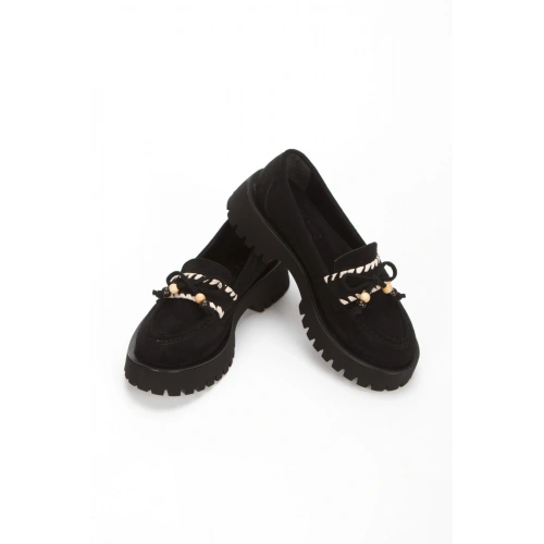 Kadın Siyah Süet Şık Fiyonk Detaylı Rahat Loafer Ayakkabı