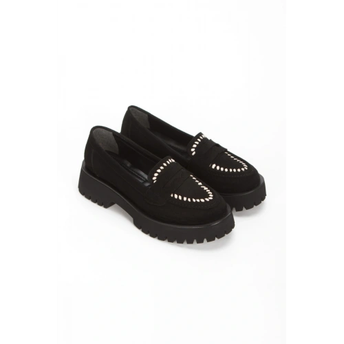 Kadın Siyah Süet Kalın Tabanlı Rahat Loafer Ayakkabı