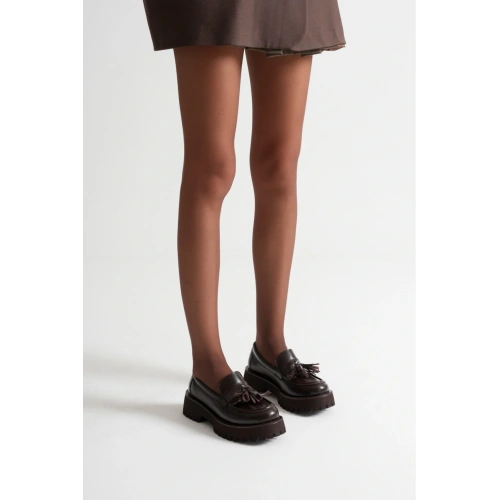 Kadın Kahve Suni Deri Cilt Şık Püskül Detaylı Kalın Tabanlı Rahat Loafer Ayakkabı