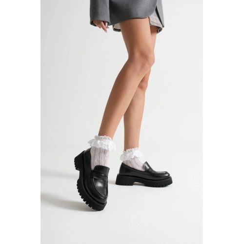 Kadın Siyah Suni Deri Cilt Kalın Tabanlı Rahat Loafer Ayakkabı