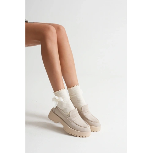 Kadın Bej Süet Kalın Tabanlı Rahat Loafer Ayakkabı