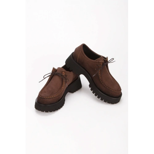 Kadın Kahverengi Süet Bağcık Detaylı Kalın Tabanlı Rahat Loafer Ayakkabı