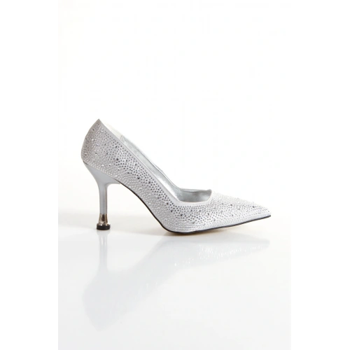 Kadın Gümüş Saten Damla Taşlarla Bezenmiş 8 cm İnce Galvaniz Topuklu Arkası Kapalı Rahat Stiletto