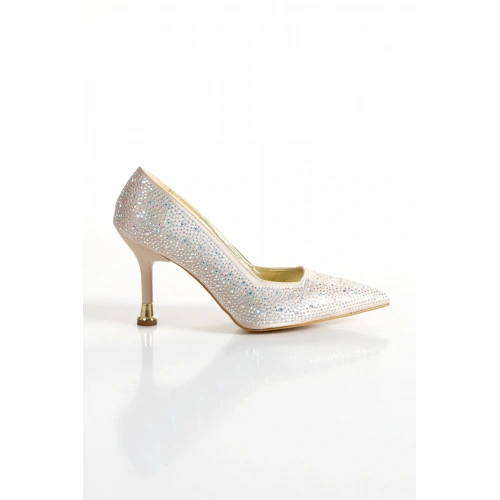 Kadın Altın Saten Damla Taşlarla Bezenmiş 8 cm İnce Galvaniz Topuklu Rahat Stiletto