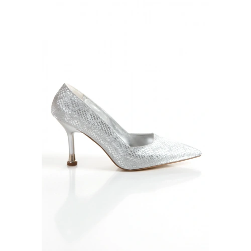 Kadın Gümüş Yılan Arkası Kapalı 8 cm İnce Galvaniz Topuklu Rahat Stiletto