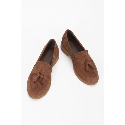 Kadın Kahve Süet Şık Püskül Detaylı Kalın Tabanlı Rahat Loafer Ayakkabı