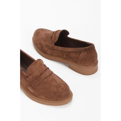 Kadın Kahverengi Süet Düz Kalın Tabanlı Rahat Loafer Ayakkabı