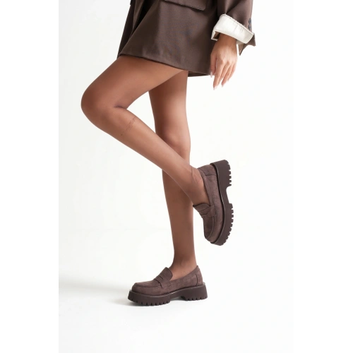 Kadın Kahve Düz Süet Kalın Tabanlı Rahat Loafer Ayakkabı