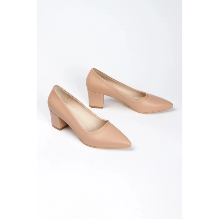 Kadın Nude Suni Deri Cilt Kısa Kalın Topuklu  rahat Ve Şık Stiletto