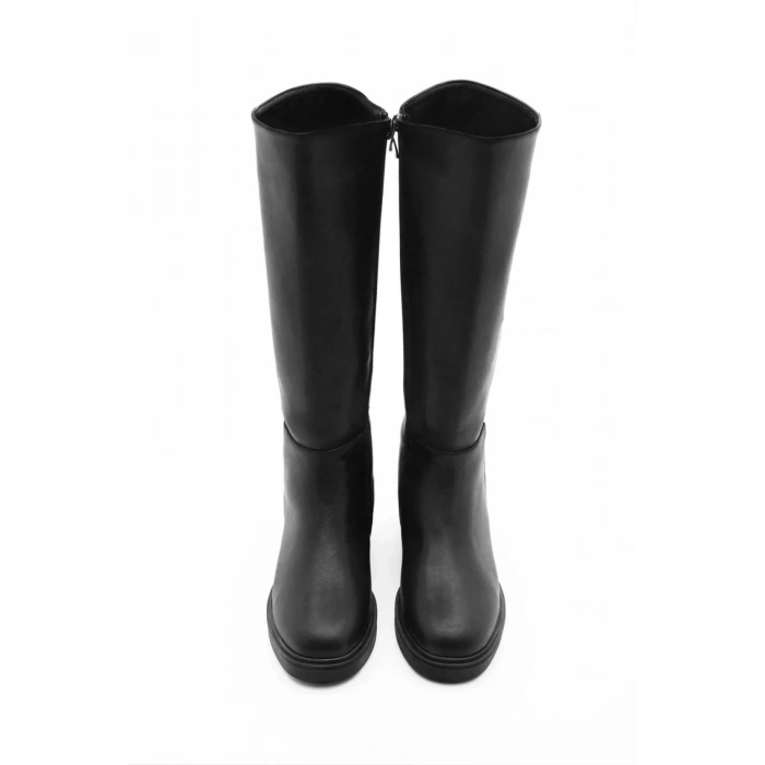 Kadın Siyah Cilt  Dekolte  Düz Topuklu Fermuarlı  Rahat Çizme