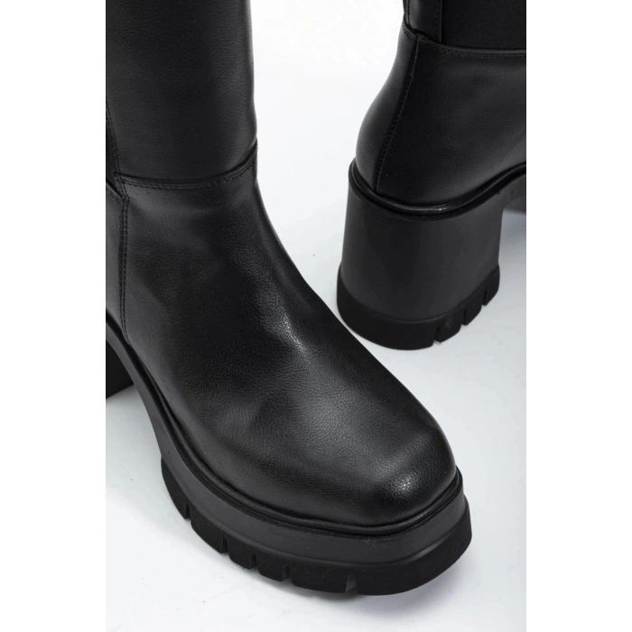 Kadın Siyah Arkası Dalgıç Esneyebilen Kumaş Kalın Hafif Tabanlı Rahat Çizme