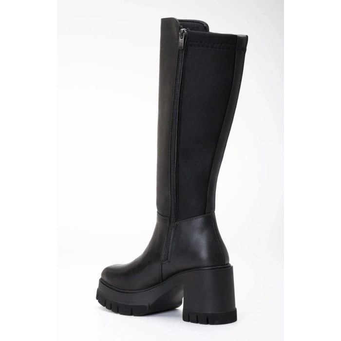 Kadın Siyah Arkası Dalgıç Esneyebilen Kumaş Kalın Hafif Tabanlı Rahat Çizme