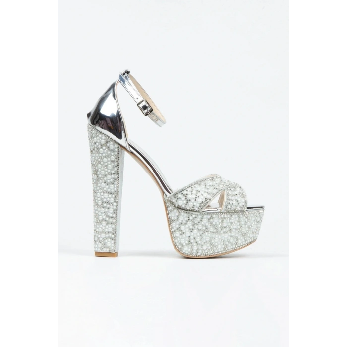 Kadın Gümüş İnci Taşlı Yüksek Platform Arkası Kapalı Kalın Topuklu Rahat ve Şık Abiye Ayakkabı