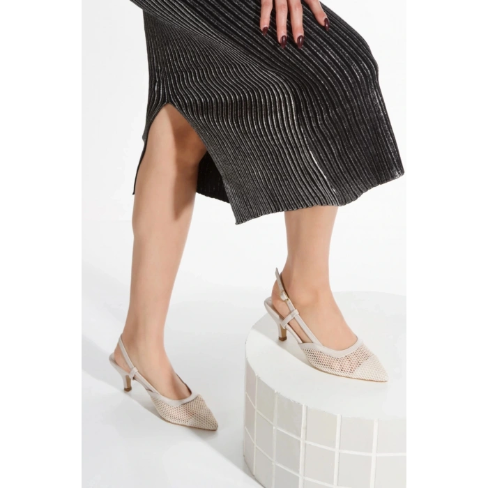 Kadın Bej  Stiletto Arkası Açık Kısa Fileli İNCE Topuklu  Şık  Stiletto