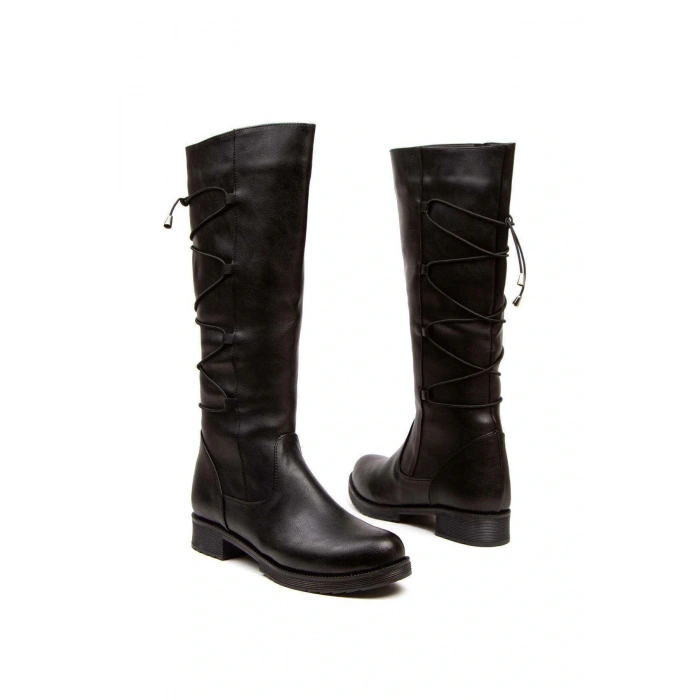 Kadın Siyah Çizme, Suni Deri Uzun Çizme, Arka Lastik Bağcıklı