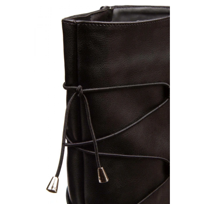 Kadın Siyah Çizme, Suni Deri Uzun Çizme, Arka Lastik Bağcıklı