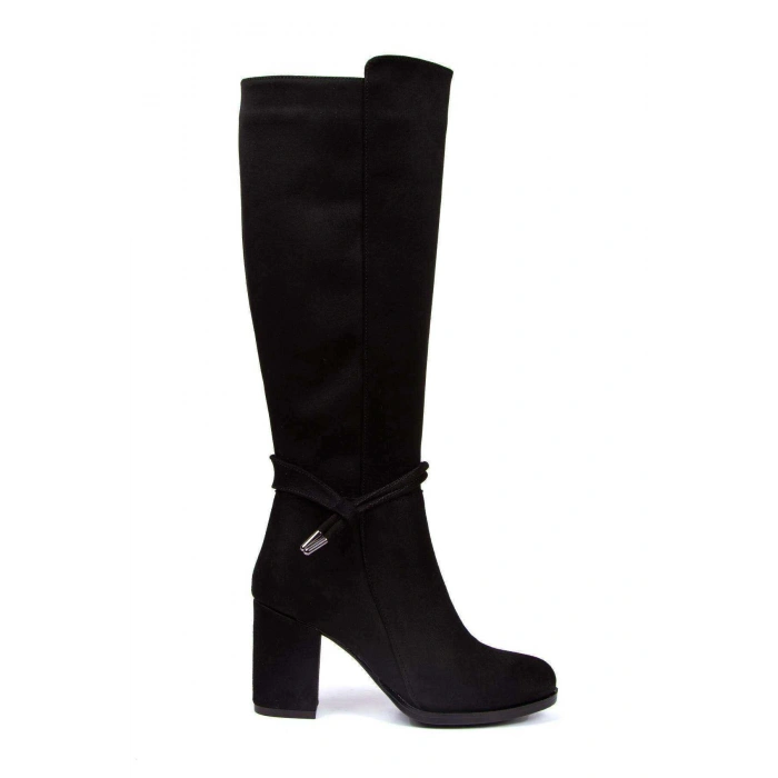 Kadın Siyah Lüx Süet Çizme Şık Boncuk Detaylı Çizme Kalın Topuklu Günlük Rahat Çizme