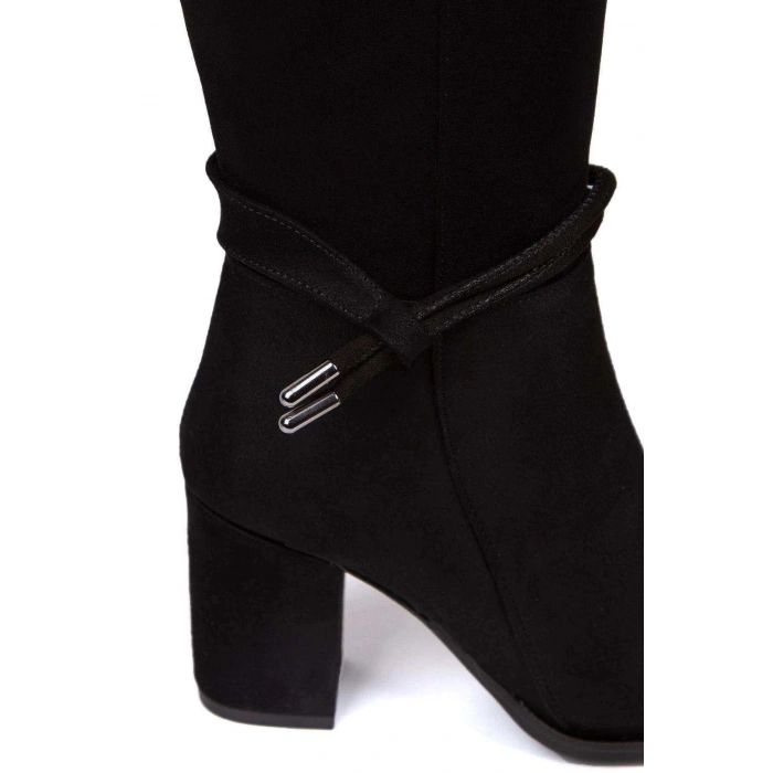 Kadın Siyah Lüx Süet Çizme Şık Boncuk Detaylı Çizme Kalın Topuklu Günlük Rahat Çizme