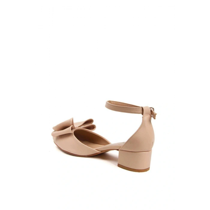 Kadın Nude (EKRU) Suni Deri Cilt 3 Cm Kısa Kalın Topuklu Şık Fiyonk Detaylı Stiletto Rahat Günlük