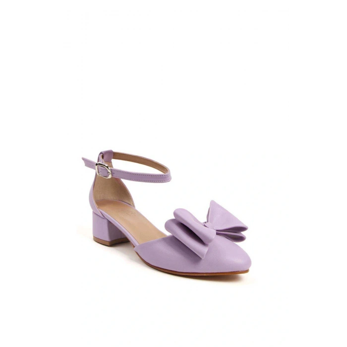 Kadın Lila (MOR) Suni Deri Cilt 3 Cm Kısa Kalın Topuklu Şık Fiyonk Detaylı Stiletto Rahat Ve Günlük