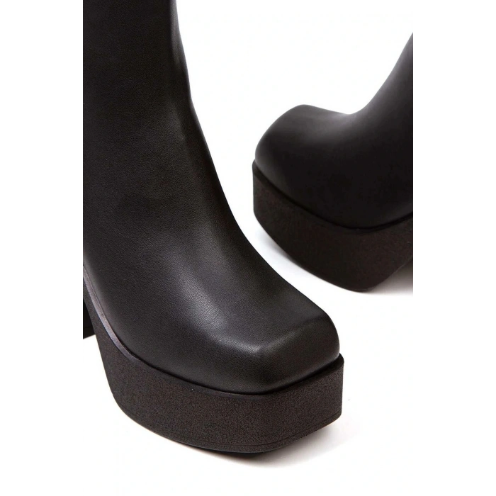 Kadın Siyah Suni Deri Cilt Küt Burunlu Yüksek Topuklu Sade Şık ve Rahat Bot