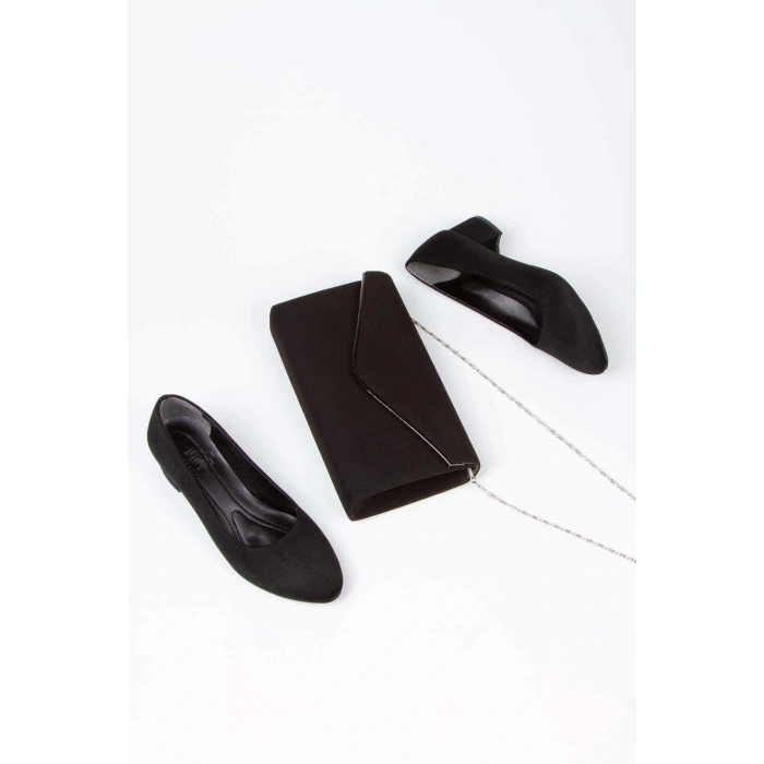 Kadın Siyah Süet Kısa Kalın Topuklu Şık Stiletto Ve Çanta Kombini