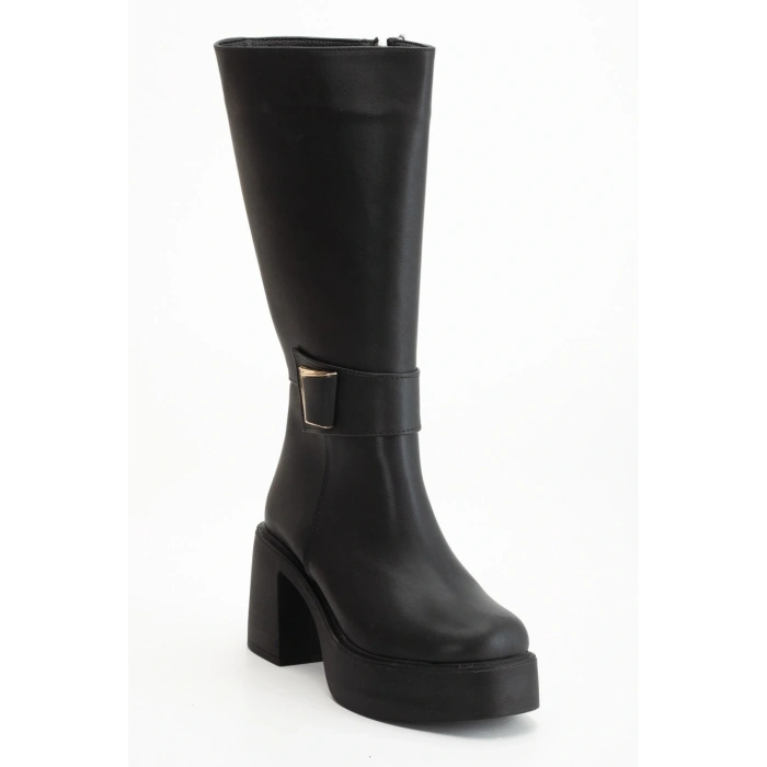 Kadın Siyah Suni Deri Cilt Kalın Hafif Tabanlı Şık Toka Detaylı Rahat Çizme