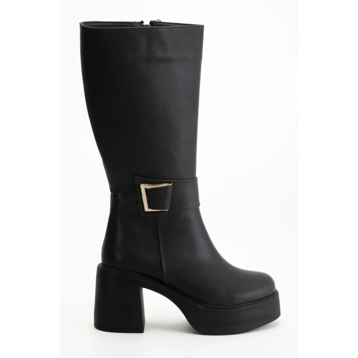 Kadın Siyah Suni Deri Cilt Kalın Hafif Tabanlı Şık Toka Detaylı Rahat Çizme