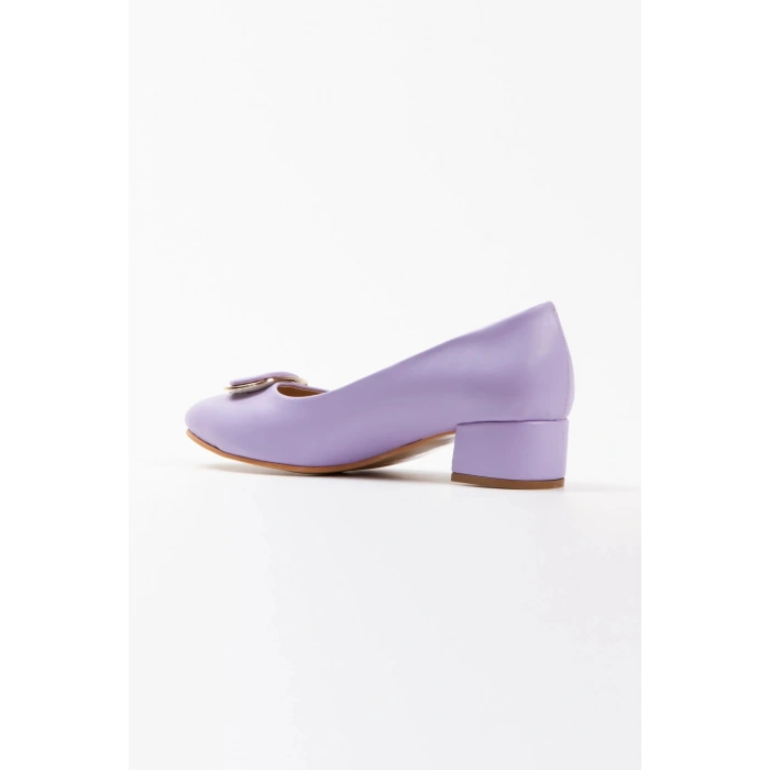 Kadın Lila ( Mor ) Suni Deri Cilt Stiletto 3 Cm Kısa Kalın Topuklu Şık Toka Detaylı Rahat Stiletto