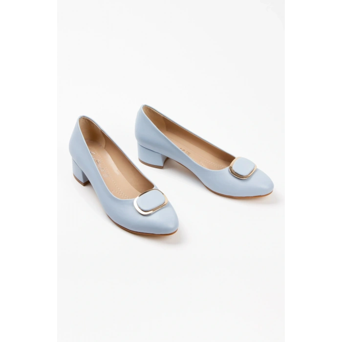 Kadın Mavi Suni Deri Cilt Stiletto 3 cm Kısa Kalın Topuklu Şık Toka Detaylı Rahat Stiletto