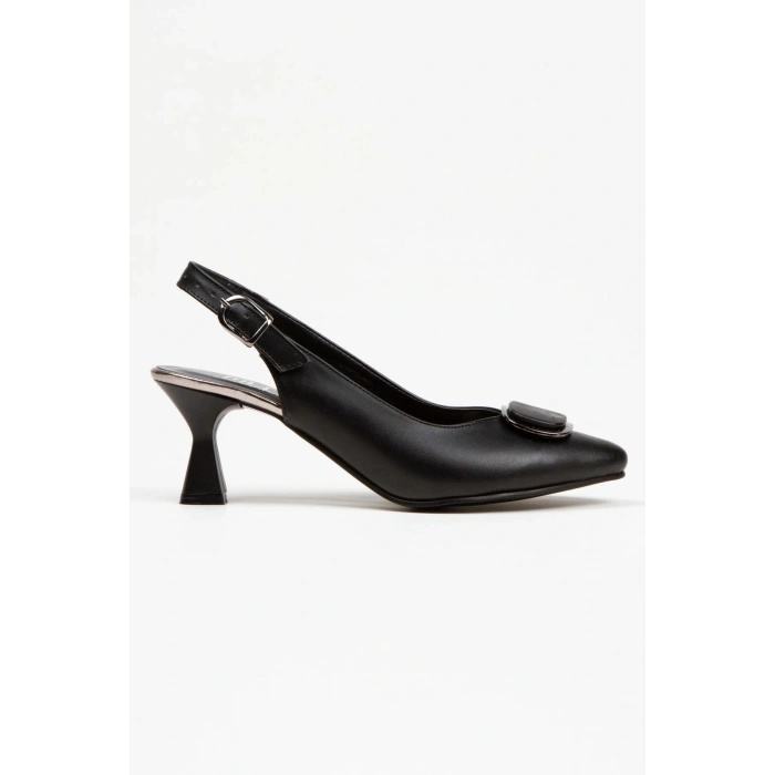 Kadın Siyah Suni Deri Cilt Arkası Açık 6 Cm Ince Topuklu Şık Toka Detaylı Ve Rahat Stiletto