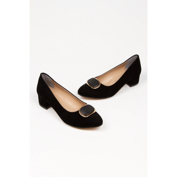 Kadın Siyah Süet 3 Cm Kısa Kalın Topuklu Şık Toka Detaylı Rahat Stiletto Ve Çanta Kombini