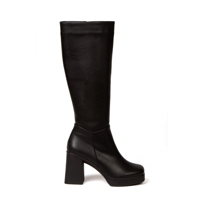 Kadın Siyah Suni Deri Cilt Yeni Tarz Küt Burunlu Hafif ve Yüksek Topuklu Düz Şık Rahat Çizme
