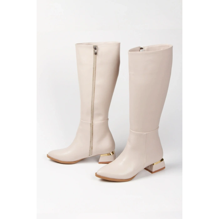 Kadın Bej-Ten Suni Deri Cilt Sade Dekolte Galvaniz Kalın Topuklu Şık ve Rahat Çizme