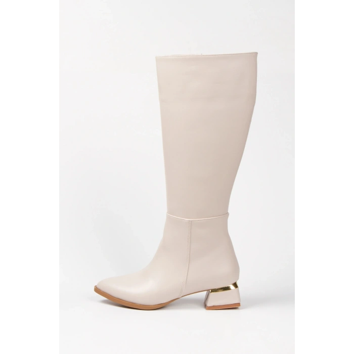 Kadın Bej-Ten Suni Deri Cilt Sade Dekolte Galvaniz Kalın Topuklu Şık ve Rahat Çizme