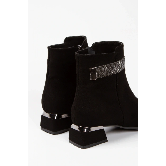 Kadın Siyah Süet Şık Parlak Taş Bant Detaylı Galvaniz Kalın Topuklu Rahat Bot