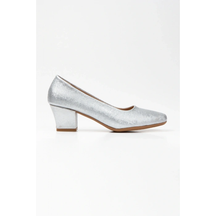 Kadın Gümüş Suni Deri 5 Cm Kısa Kalın Topuklu Rahat Stiletto