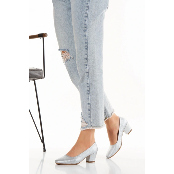 Kadın Gümüş Suni Deri 5 Cm Kısa Kalın Topuklu Rahat Stiletto