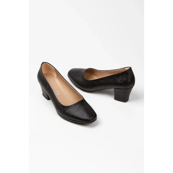 Kadın Siyah Suni Deri 5 cm Kısa Kalın Topuklu Rahat Stiletto