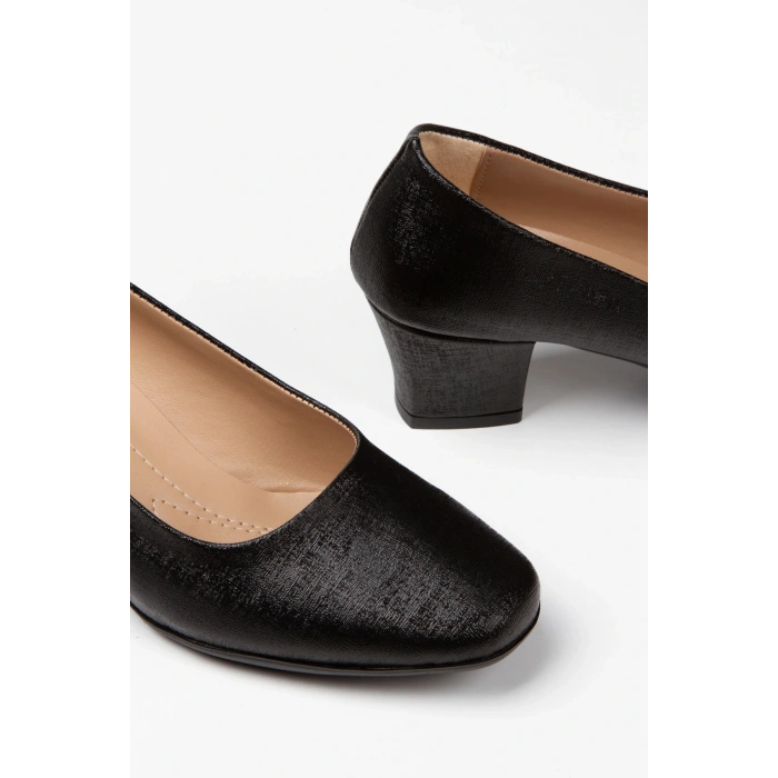 Kadın Siyah Suni Deri 5 cm Kısa Kalın Topuklu Rahat Stiletto