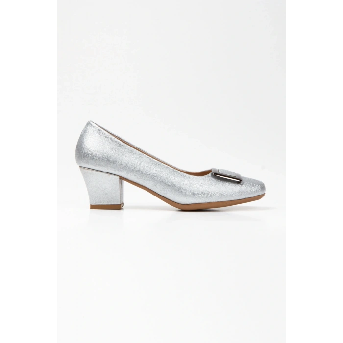 Kadın Gümüş Suni Deri 5 cm Kısa Kalın Topuklu Şık Toka Detaylı Rahat Stiletto