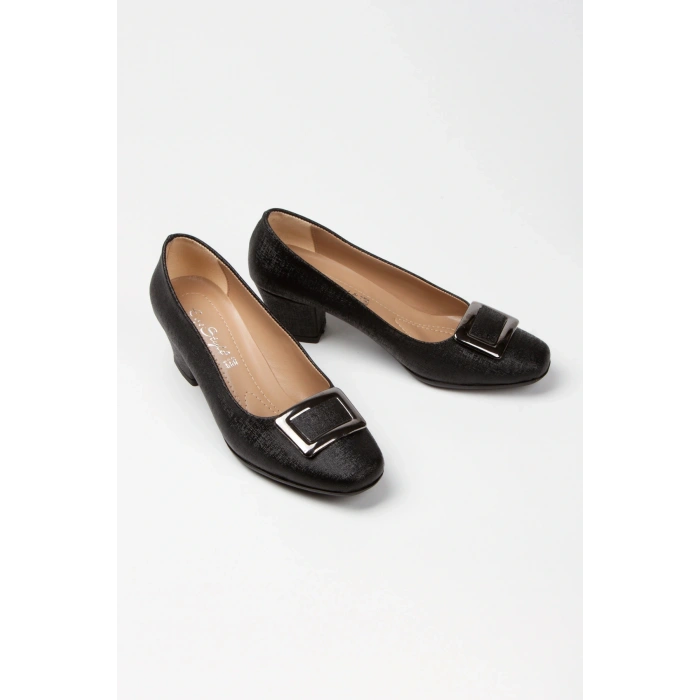 Kadın Siyah Suni Deri 5 cm Kısa Kalın Topuklu Şık Toka Detaylı Rahat Stiletto