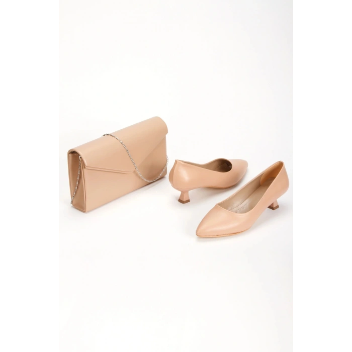Kadın Nude    Kısa Kadeh Topuklu   Rahat Şık Stiletto ve Çanta Kombini