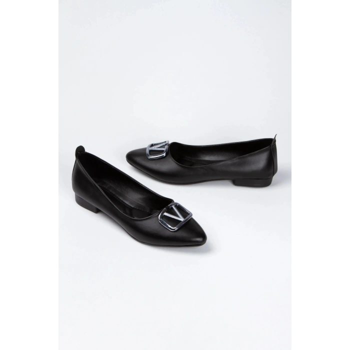 Kadın Siyah Suni Deri Cilt Şık Toka Detaylı Rahat Babet