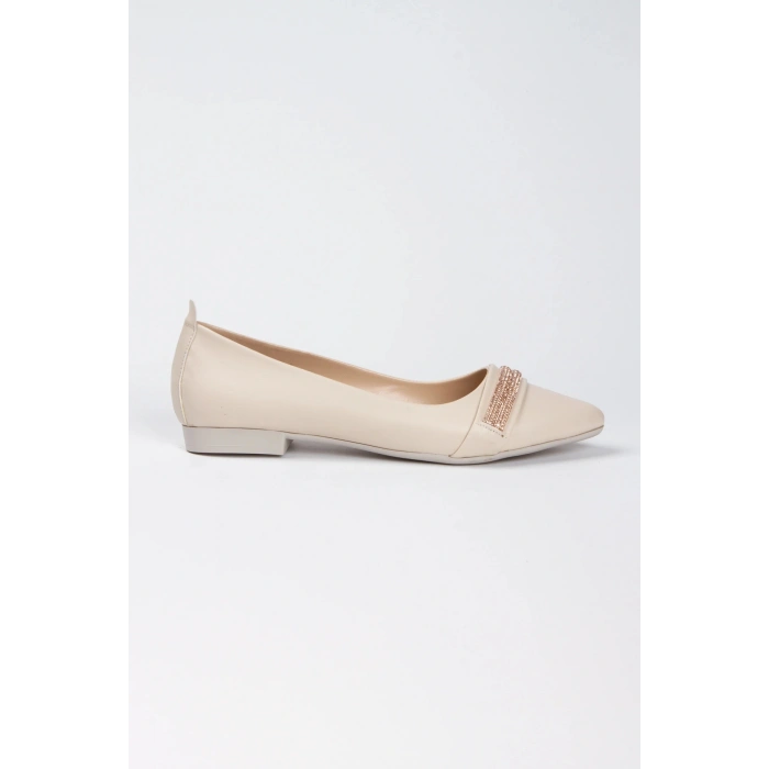 Kadın Bej-Ten Suni Deri Cilt Şık Taş Detaylı Rahat Babet