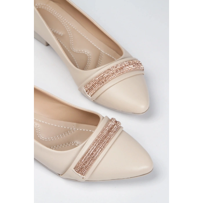 Kadın Bej-Ten Suni Deri Cilt Şık Taş Detaylı Rahat Babet